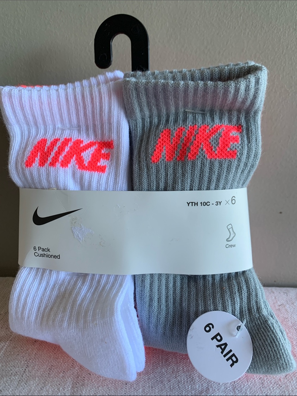 Nike Kids 6-Pack Cushioned Crew Socks in White, Gray & Neon Pink Logo